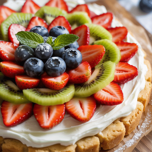 Easy Fruit Pizza with Sugar Cookie Crust and Cream Cheese Frosting